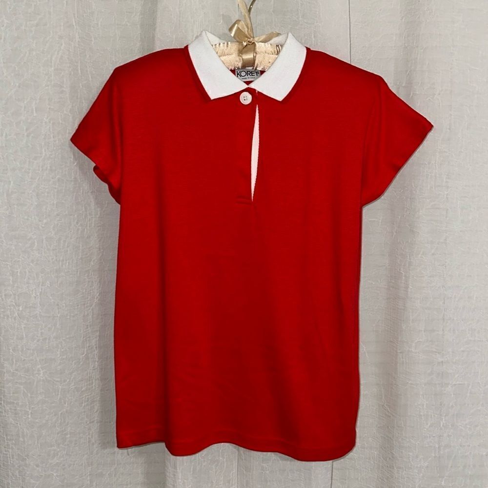 KORET M-L Red White Vintage Tennis Golf One Button Cap Sleeve Polo Top